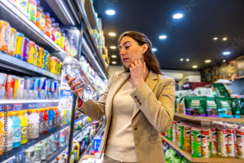 фотографія Woman choosing bottled water at convenience store in manhattan