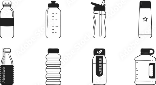 Water Bottle Set Collection Black and White Line Art with Sport Bottle, Motivational Bottle, Straw Bottle, Thermos, Infuser Bottle and Gallon Jug Outline