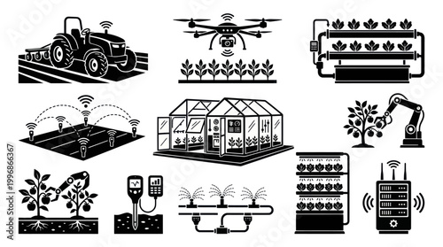Smart Farming Icons: Tractor, Drone, Greenhouse, Robot Arm, Vertical Farm, Server