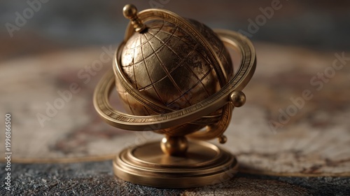 Brass globe resting on antique map surface closeup
