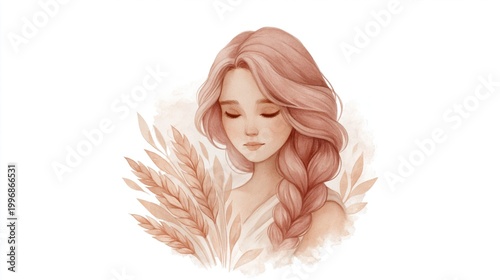 Young woman with long braid and wheat in soft palette