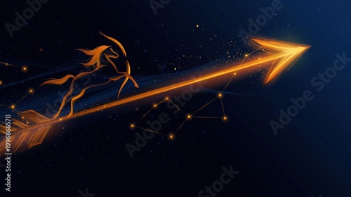 Long glowing arrow with horse silhouette over dark space