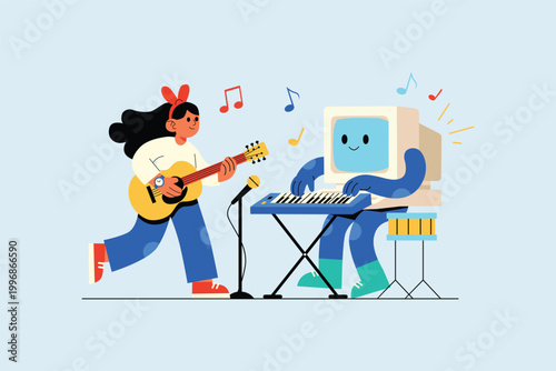 Human and AI Making Music Concept Illustration