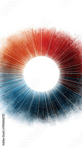 Radial red and blue burst surrounding bright circular center