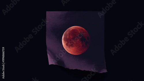 Blood moon centered over torn paper and mountain silhouette