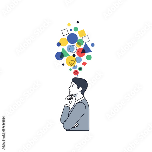 Businessman deep in thought with colorful abstract shapes and a lightbulb symbolizing creative ideas and innovation