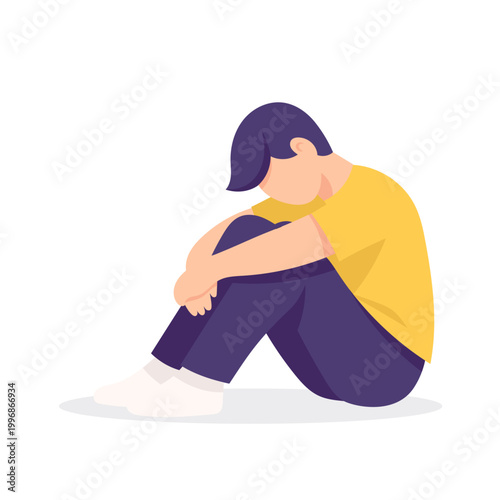 Sad Young Man Sitting Alone Hugging Knees Feeling Depressed Isolated on White Background