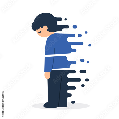 Sad Person Dissolving Into Blue Liquid Splashes Against White Background