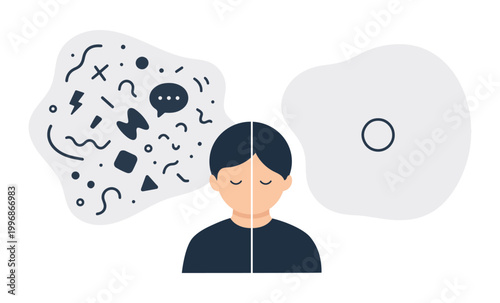 Person with Chaotic Thoughts Contrasting with Calm Mind, Mental Health Concept