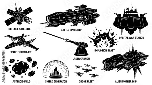 Futuristic Space Warfare Black  White Vector Silhouette Icons Set