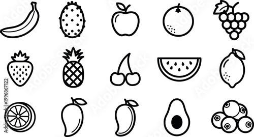 Collection of black and white fruit banana, kiwi, apple, orange, grapes, strawberry, pineapple, cherries