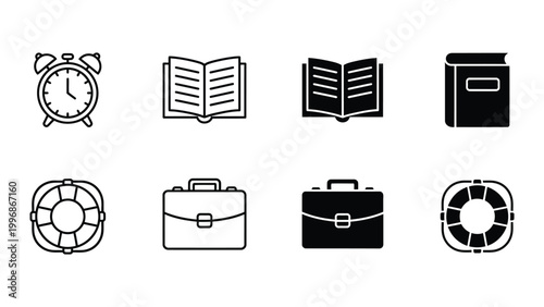 Collection of icons representing time, knowledge, and work-related items