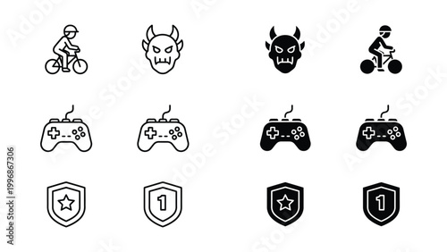Contrast between playful and threatening gaming icons with shield achievements