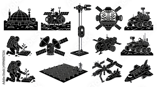 Space Exploration and Colonization Black and White Glyph Icons Set for Future Technology