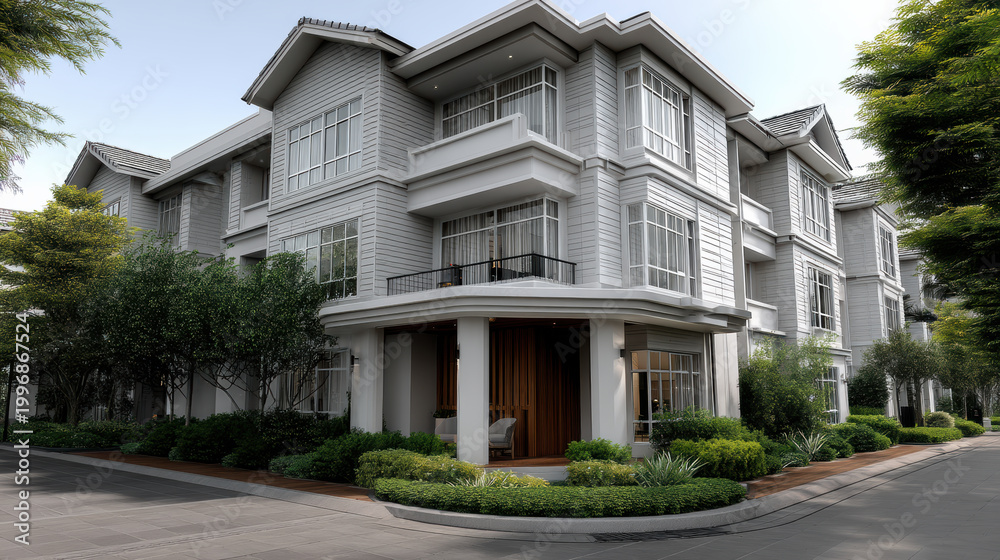 Fototapeta premium Modern villa corner view white facade large window lush garden residential luxury contemporary peaceful urban