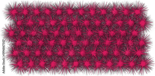 A vibrant pink fuzzy rug with numerous pom poms spread out on a plain white background for lifestyle and home decor inspiration.