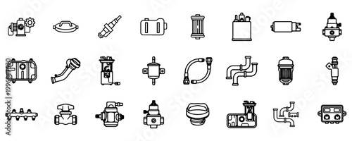 Car Fuel System and Engine Parts Line Icon Set