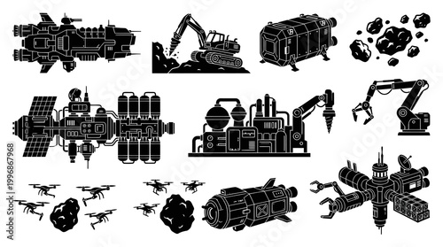Sci-fi space mining equipment and vehicles, black and white glyphs