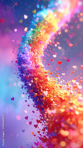 Pride month, abstract background. Rainbow colorful heart confetti sparkle swirl abstract fantasy celebration flowing upward in dreamy glowing light