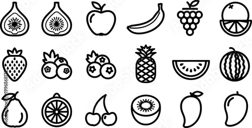 Collection of black and white fruit including figs, apple, banana, grapes, orange, strawberry, blueberries