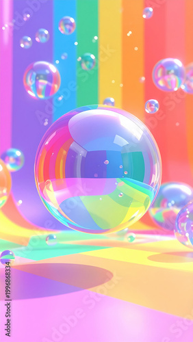 Pride month. Rainbow bubble colorful pastel abstract background soap shiny floating joyful dreamy scene with playful light