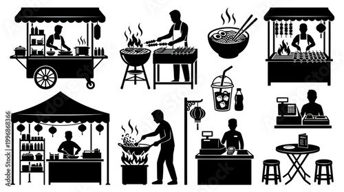 Black  White Food Stall Icons: Street Food Vendors, Cooking  Dining
