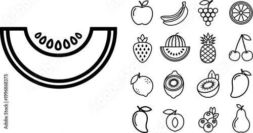 Collection of black and white fruit including melon slice, apple, banana, grapes, orange slice, strawberry