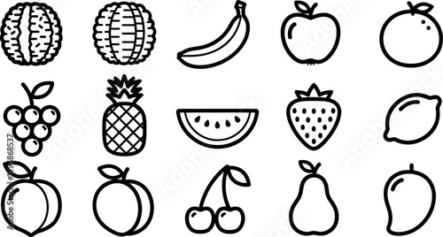 Collection of black and white fruit orange, banana, apple, grapes, pineapple, watermelon, strawberry, lemon, peach