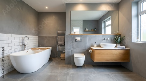 Modern Grey Bathroom with Freestanding Bathtub and Floating Wood Vanity
