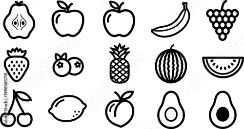 Collection of black and white fruit pear, apples, banana, grapes, strawberry, blueberries, pineapple, watermelon