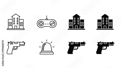 Contrasting icons of buildings, gaming, law enforcement, and firearms in black and white