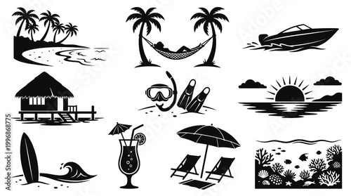 Black  White Vector Icons of Tropical Beach Vacation and Summer Activities