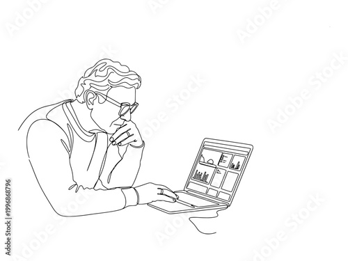 continuous line art of a focused man wearing glasses analyzing data and charts on his laptop screen at work.