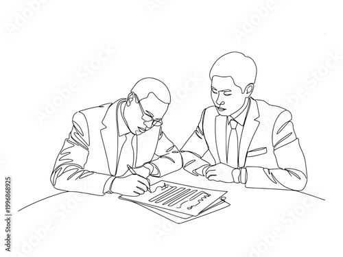 continuous line art of two businessmen in suits reviewing and signing a legal document or contract on a desk.
