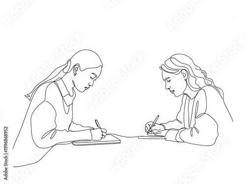 continuous line art of two young women sitting together and writing notes in their notebooks for a study session.