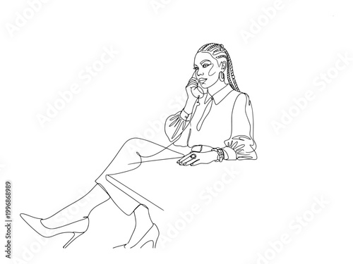 continuous line art of a stylish woman with braided hair sitting and talking on a telephone in an office.