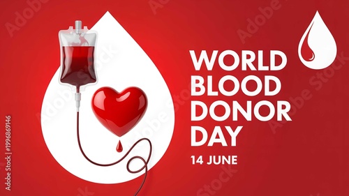 A graphic illustration promoting World Blood Donor Day on June 14th with a blood bag and heart
