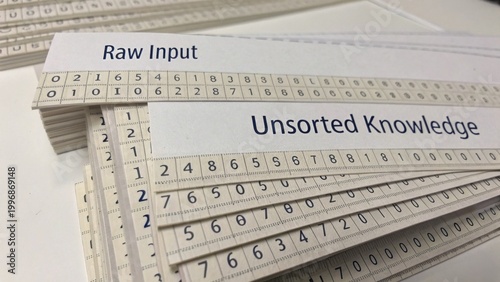 Stacks of Printed Labels for Data Organization Featuring Raw Input and Unsorted Knowledge on White Background