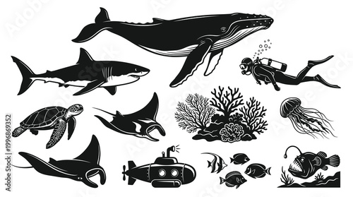 Black and White Vector Art of Underwater Life: Whale, Shark, Diver, Submarine, Fish