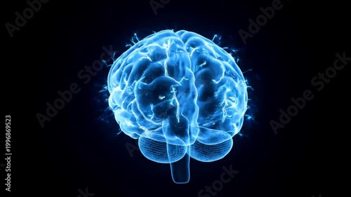 Digital illustration of a glowing blue human brain with neural activity and electrical pulses on a black background