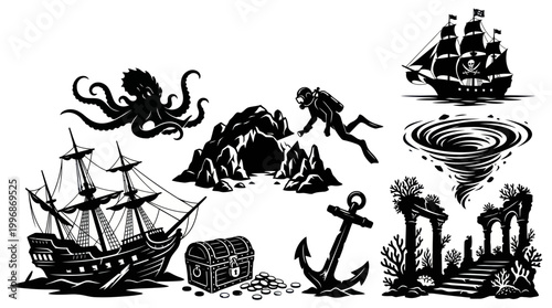 Black and White Silhouette Vector of Pirate Ship, Octopus, Diver and Treasure