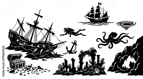 Nautical Treasure Hunt Silhouette Icons: Pirate Ship, Shipwreck, Octopus, Diver Set