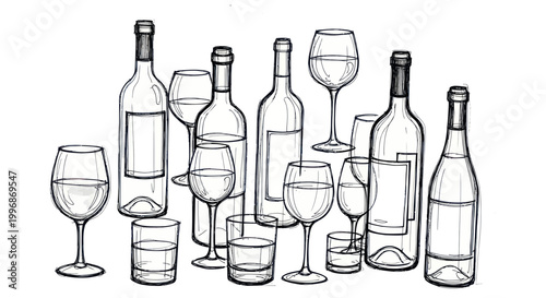 Collection of wine bottles glasses.