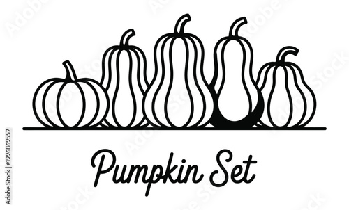 Pumpkin set of various shapes and sizes in black line illustration style