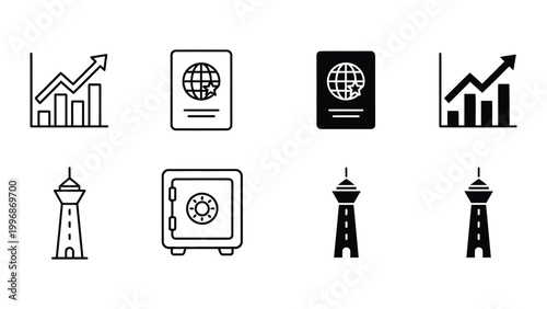 Icons representing global business, growth, security, and telecommunications