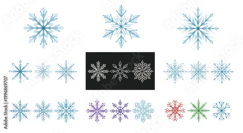 Snowflakes in various colors and shapes.