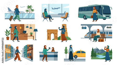 Flat Vector Illustration of Muslim Women Traveling by Air, Train, Bus, Taxi