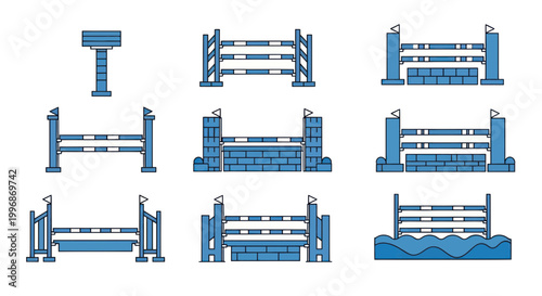 Blue horse jumping obstacles set.