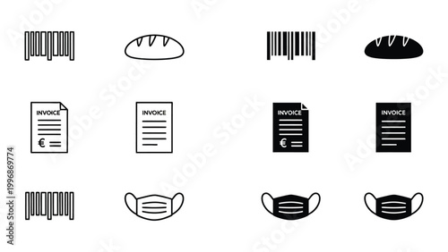 Black and white icons representing various items and invoices in a grid layout