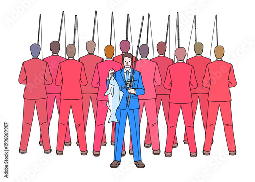 Business concept. Many businessmen in red suits are fishing representing a Red Ocean Strategy, A businessman in a blue suit holds a fish in his hand representing a blue Ocean Strategy. Illustration.